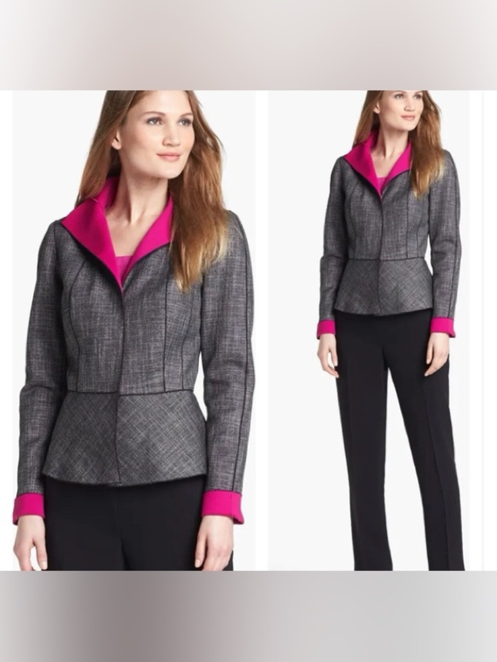 Lafayette 148 New York Amanda Peplum Blazer Jacket textured gray pink Sz 14